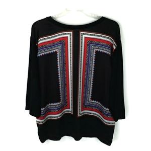 MNG Collection Black Multicolor Border Print 3/4 Sleeve Knit Blouse Womens XL